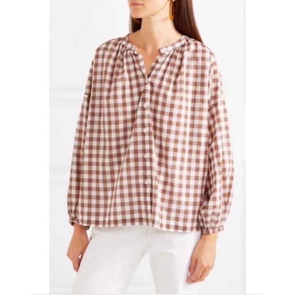 The Great 100% Cotton Gingham Plaid Oversized Cottage Button Front Blouse Size 2 - Picture 1 of 6